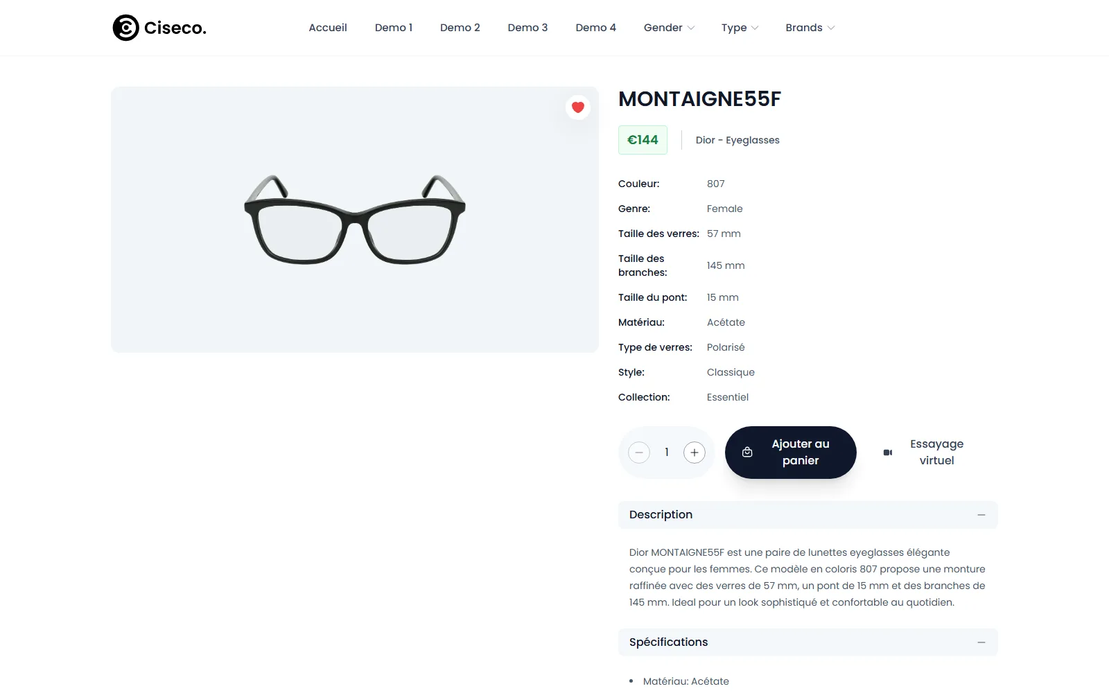 Product — full specs & virtual try-on